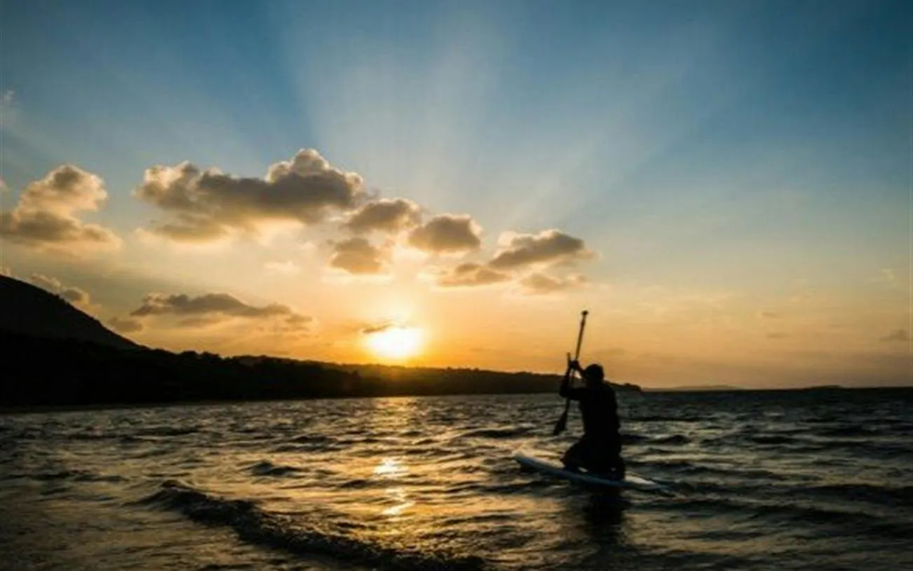 Paddleboarder at sunset on Iriomote mangrove tour, Okinawa.