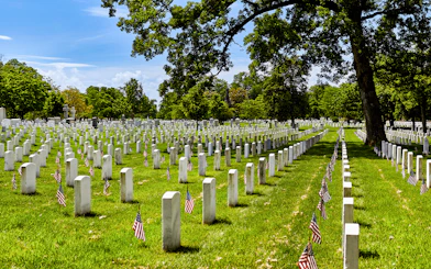 Flags on grave sites at Arlington National Cemetery on Memorial Day.
