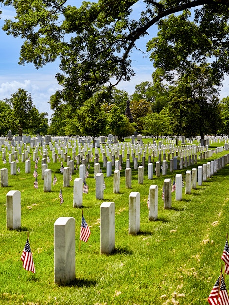 Flags on grave sites at Arlington National Cemetery on Memorial Day.