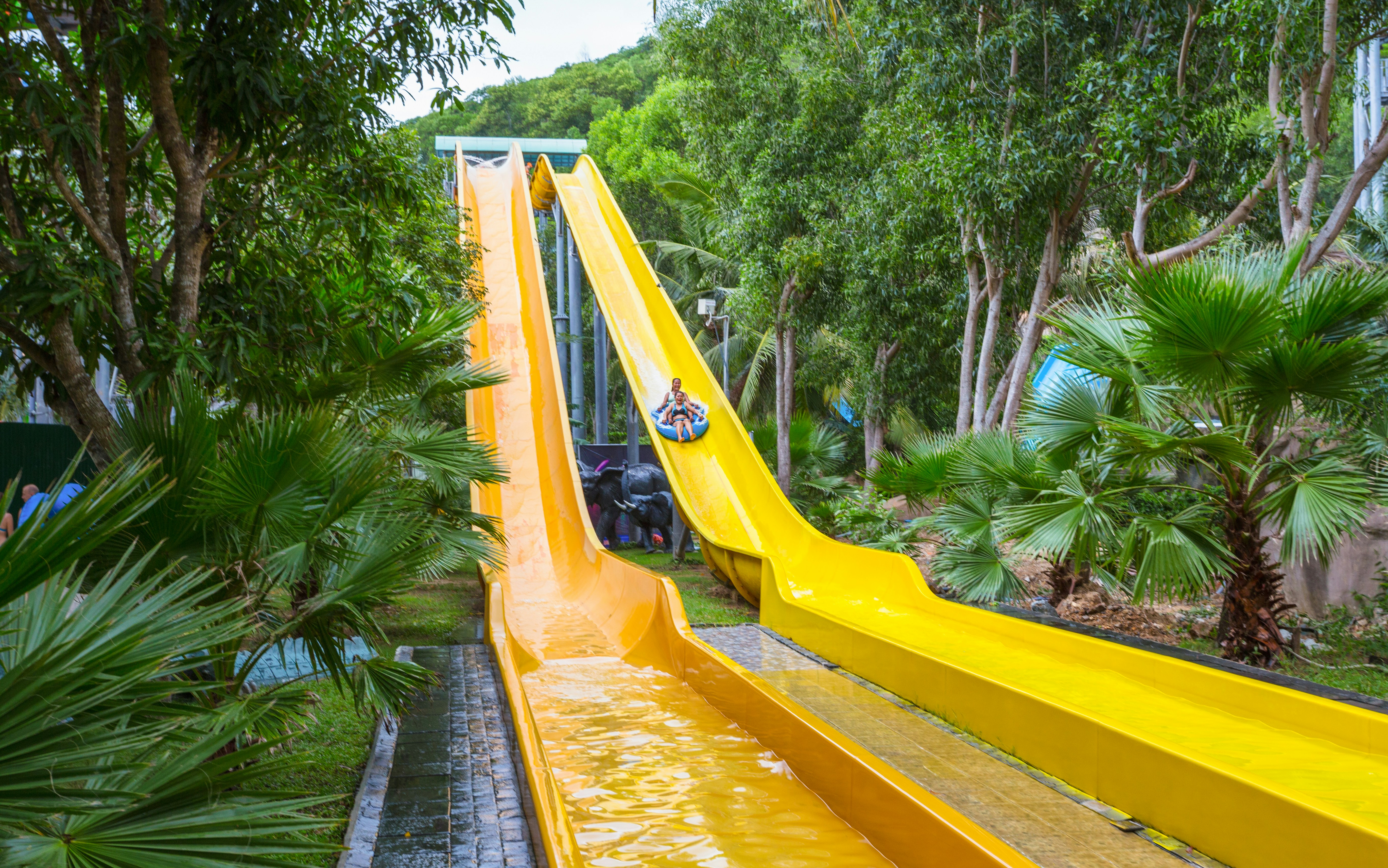 Aerial view of a vibrant water park with slides and pools near a sandy beach.