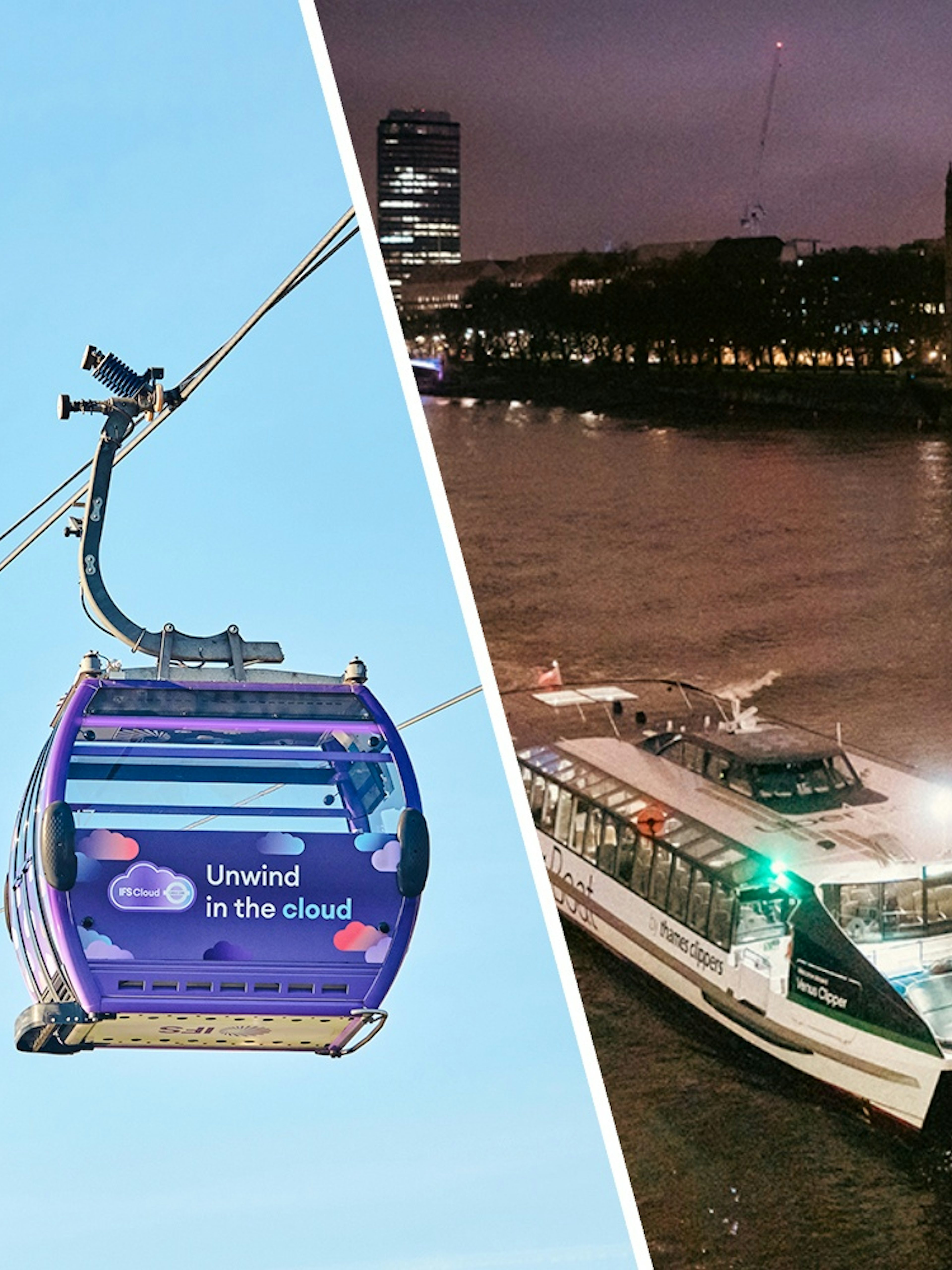IFS Cloud Cable Car over London skyline and boat on Thames River at night.