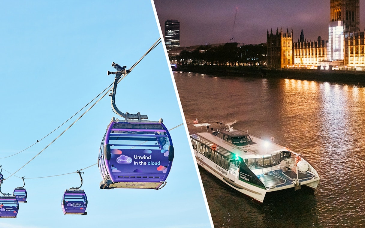 IFS Cloud Cable Car over London skyline and boat on Thames River at night.