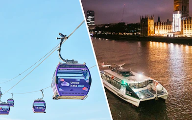 IFS Cloud Cable Car over London skyline and boat on Thames River at night.