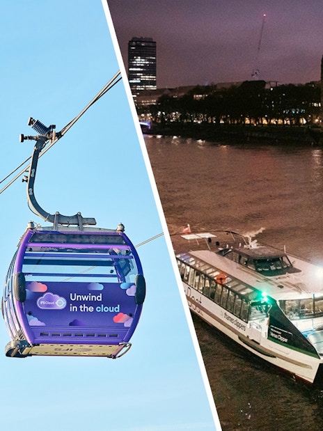 IFS Cloud Cable Car over London skyline and boat on Thames River at night.