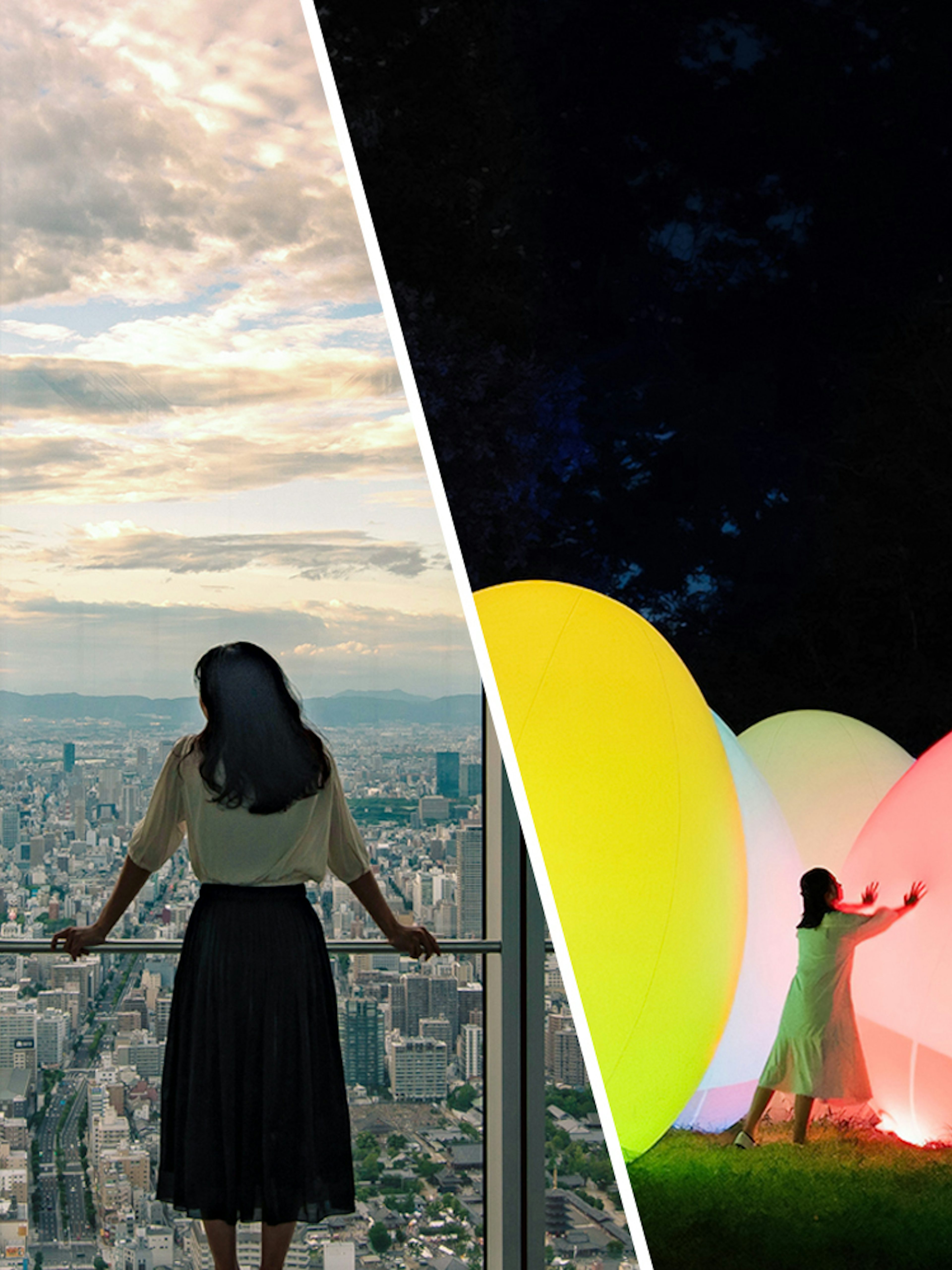 Harukas 300 Observatory view and teamLab Botanical Garden light display in Osaka.