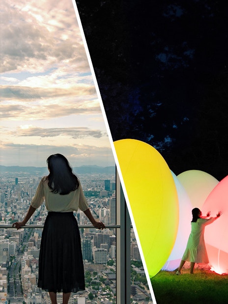 Harukas 300 Observatory view and teamLab Botanical Garden light display in Osaka.