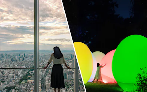 Harukas 300 Observatory view and teamLab Botanical Garden light display in Osaka.