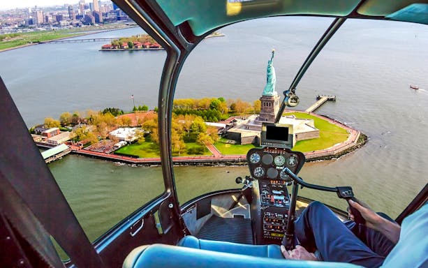 Helicopter view of Liberty Island and Statue of Liberty, New York City.