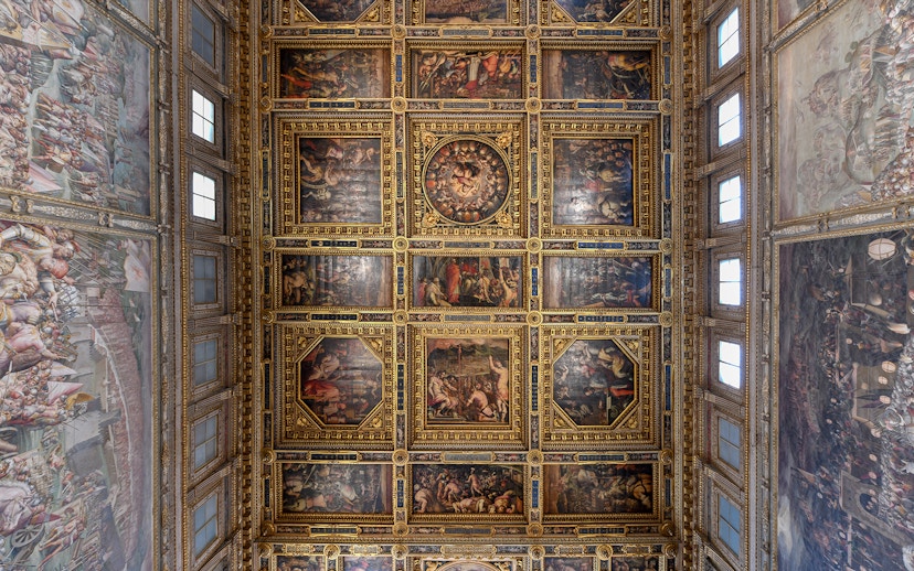 Palazzo Vecchio ornate ceiling with detailed frescoes, Florence, Italy.