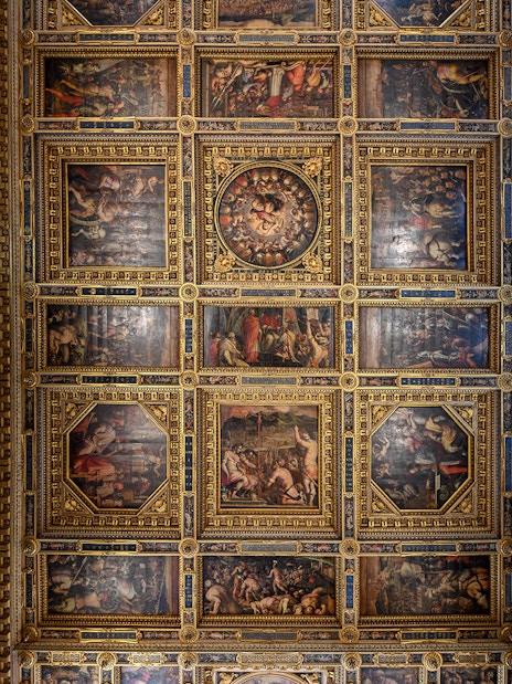Palazzo Vecchio ornate ceiling with detailed frescoes, Florence, Italy.