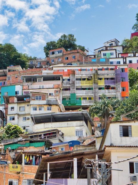 Colorful houses and facades in Santa Marta favela, Rio de Janeiro, Brazil.