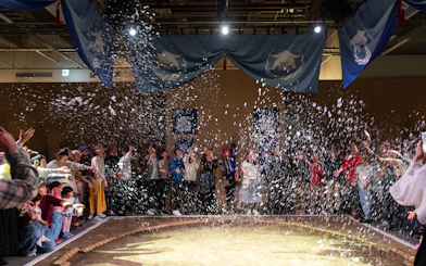 Audience enjoying Kyoto sumo entertainment show with confetti.