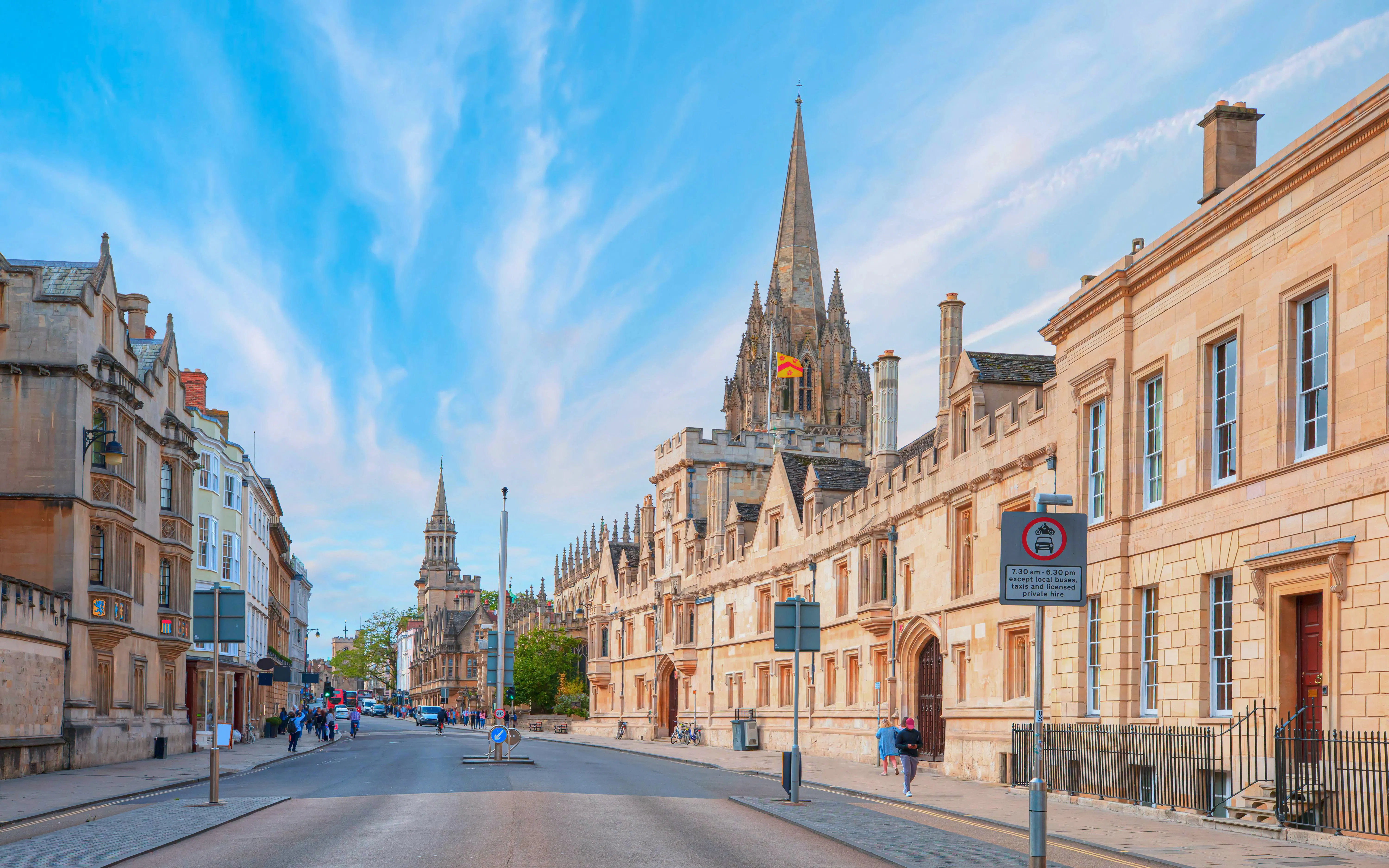 High Street in Oxford with view of St Mary's University Church spire.