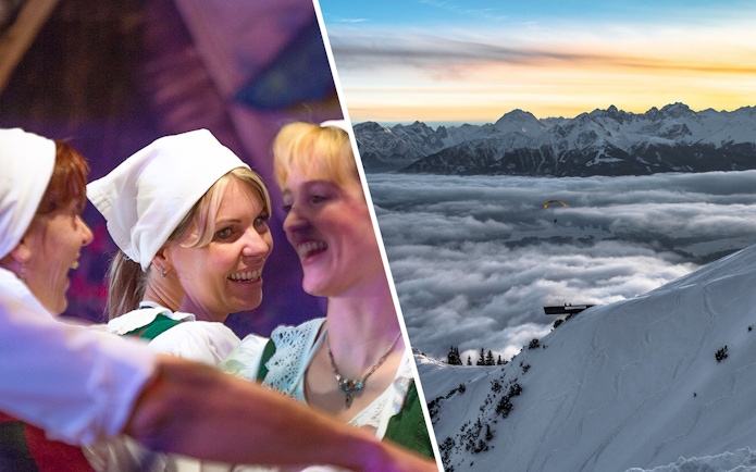 Nordkettenbahn mountain view and Tyrolean folk dancers in traditional attire.