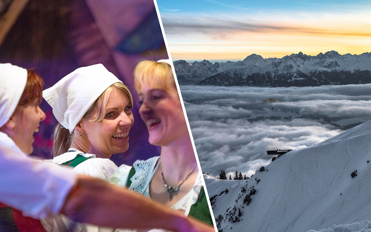 Nordkettenbahn mountain view and Tyrolean folk dancers in traditional attire.