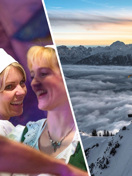 Nordkettenbahn mountain view and Tyrolean folk dancers in traditional attire.