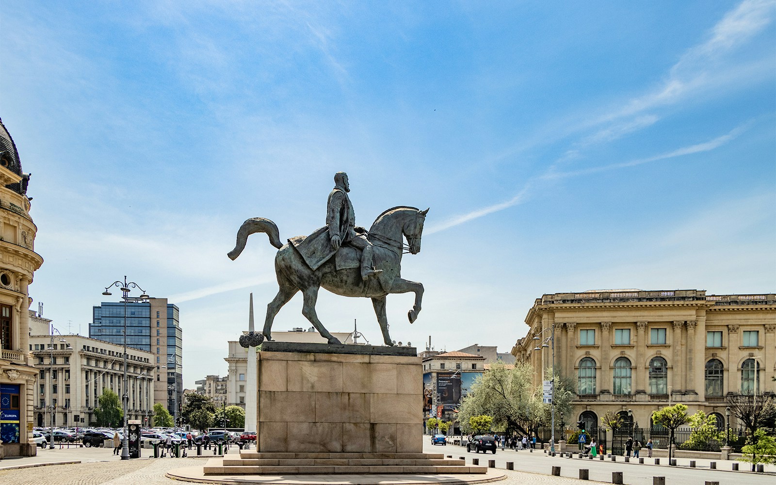 Equestrian Statue of Carol I in Bucharest, Romania, with surrounding architecture.