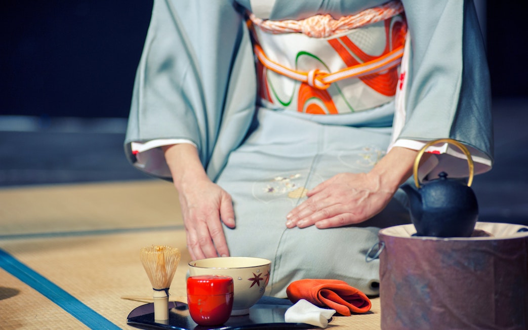 Tea ceremony utensils and kimono in Tokyo.