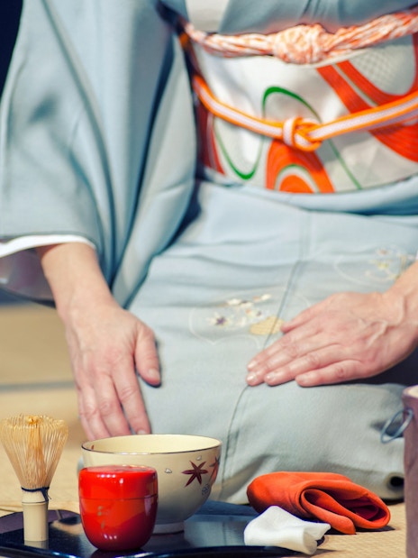 Tea ceremony utensils and kimono in Tokyo.