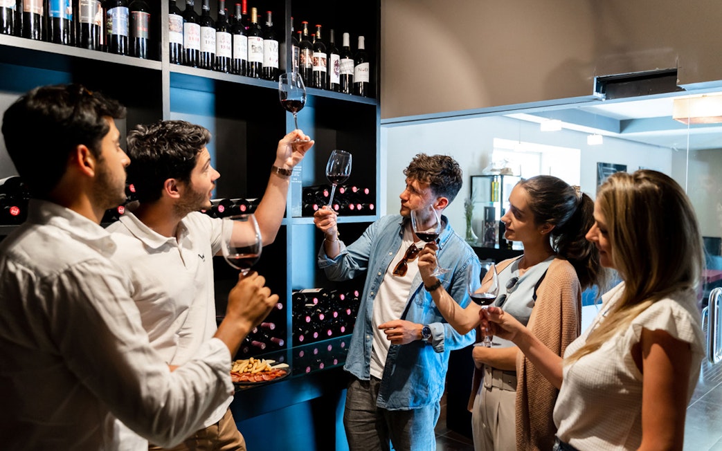 Tourists with guide tasting wine at a winery in Toledo.