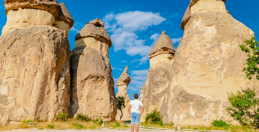 Person standing among fairy chimneys in Pasabag Monks Valley, Cappadocia.