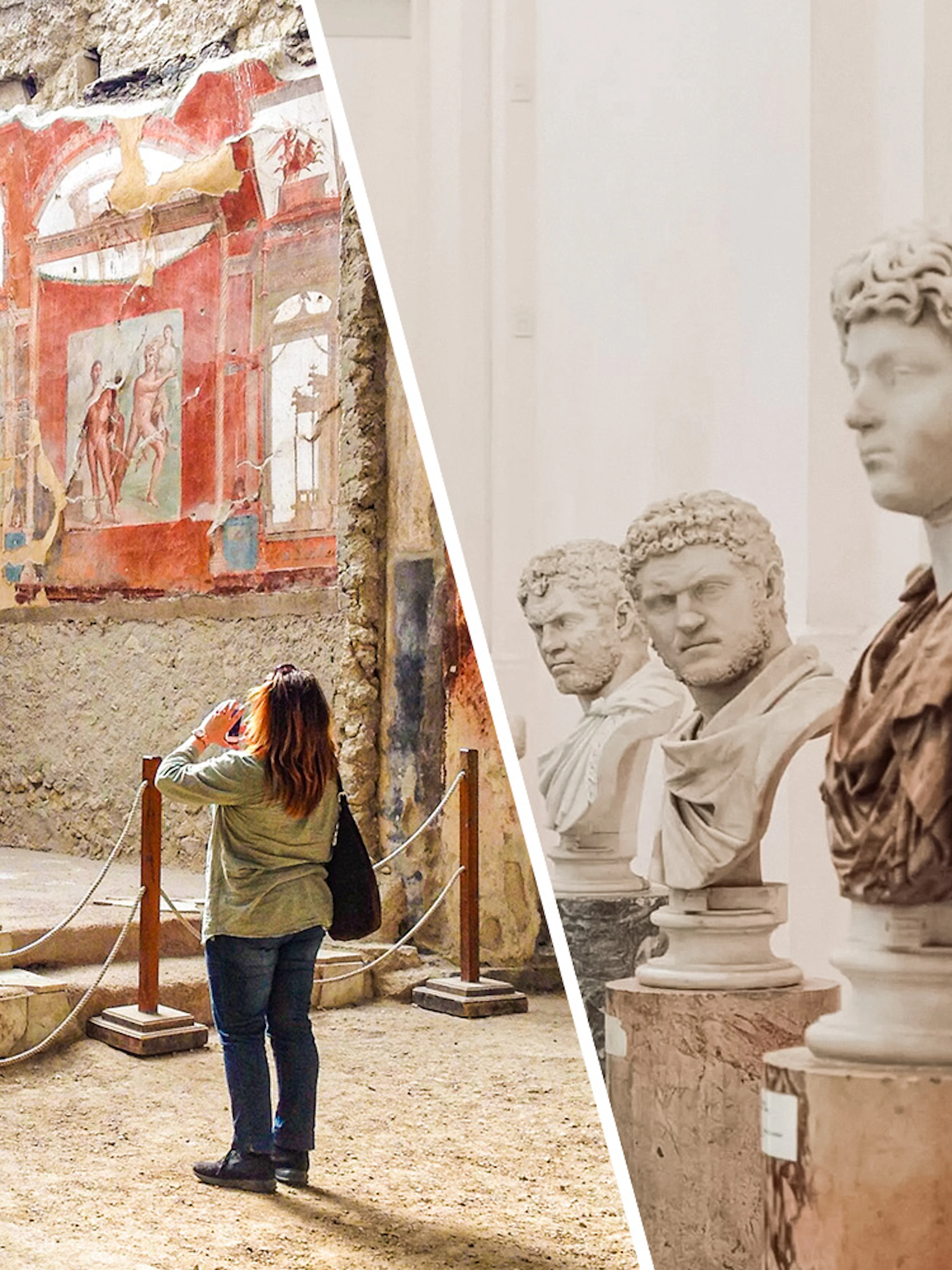 Herculaneum ruins with frescoes and visitor, marble busts at Naples Archaeological Museum.