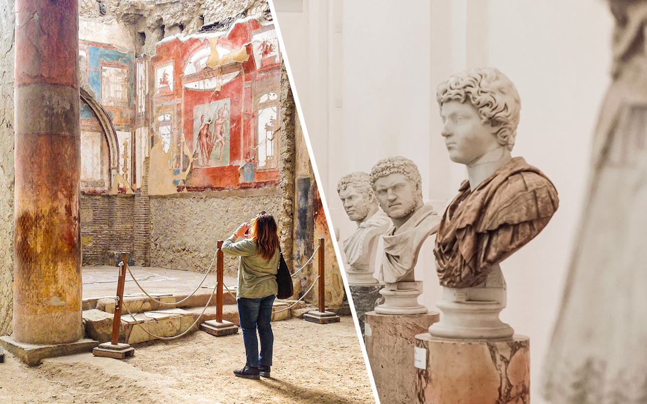 Herculaneum ruins with frescoes and visitor, marble busts at Naples Archaeological Museum.