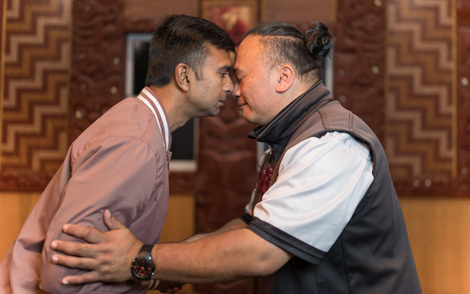 Traditional Māori greeting during Te Puia experience in Rotorua, New Zealand.