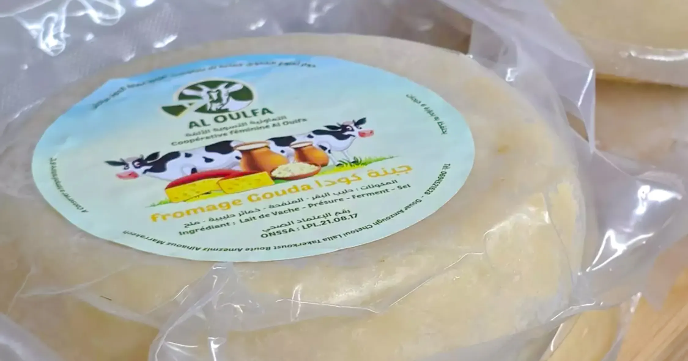 Goat cheese wheel with label from Al Oulfa Cooperative, Amizmiz, Marrakesh.
