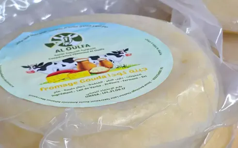 Goat cheese wheel with label from Al Oulfa Cooperative, Amizmiz, Marrakesh.