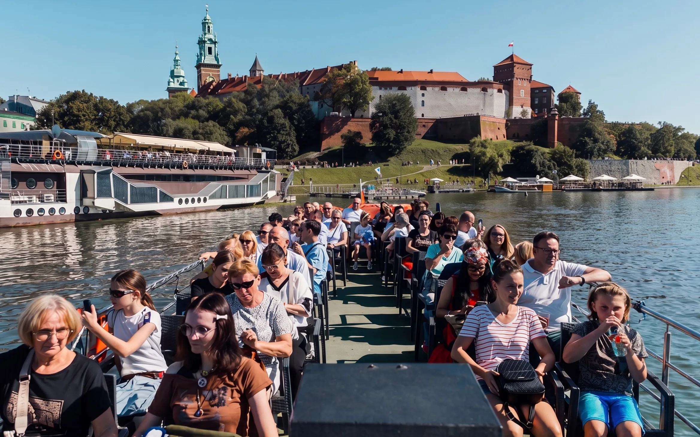 Sightseeing cruise on the Vistula River with Wawel Castle in the background, Krakow.