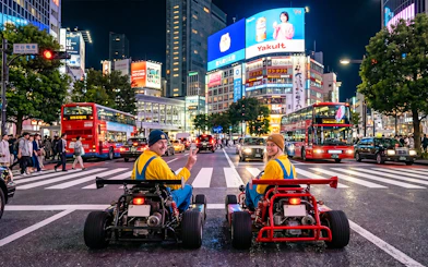 Go-karting at Shibuya Crossing, Tokyo, with vibrant city lights and traffic.
