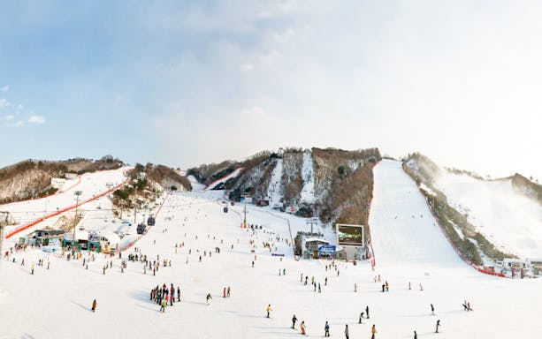 Skiers on slopes at Vivaldi Park, South Korea, with ski lifts and snowy mountains in the background.