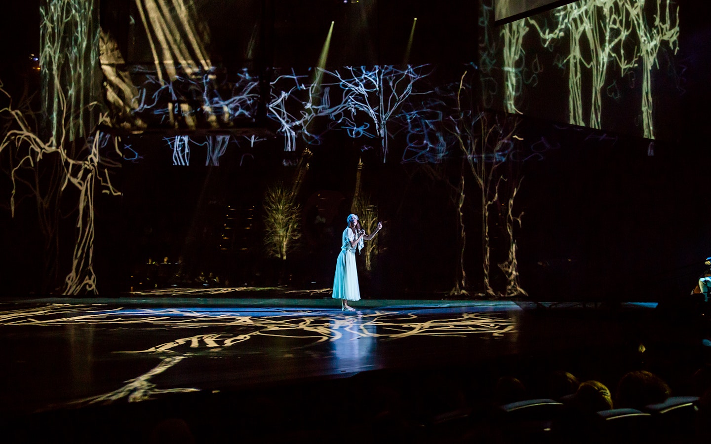 Performer on stage during The Beatles LOVE show with tree projections.