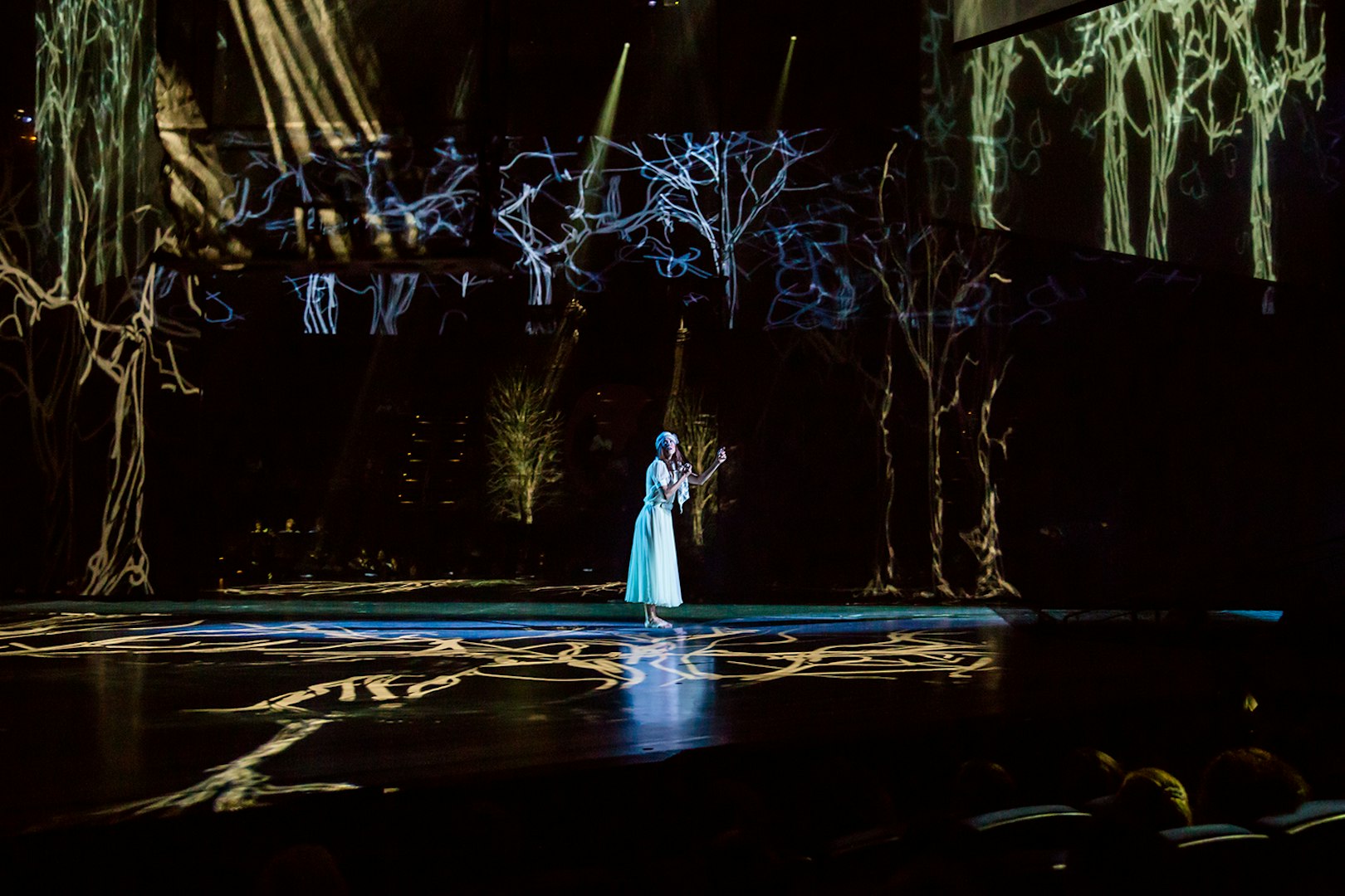 Performer on stage during The Beatles LOVE show with tree projections.
