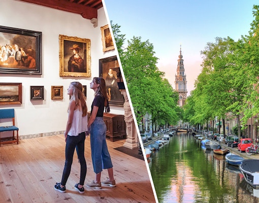 Visitors at Rembrandt House Museum and Amsterdam canal view with Westerkerk tower.