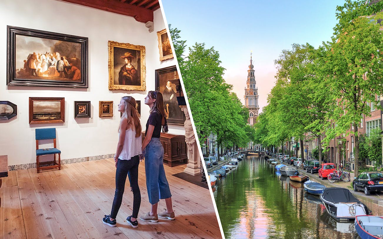 Visitors at Rembrandt House Museum and Amsterdam canal view with Westerkerk tower.