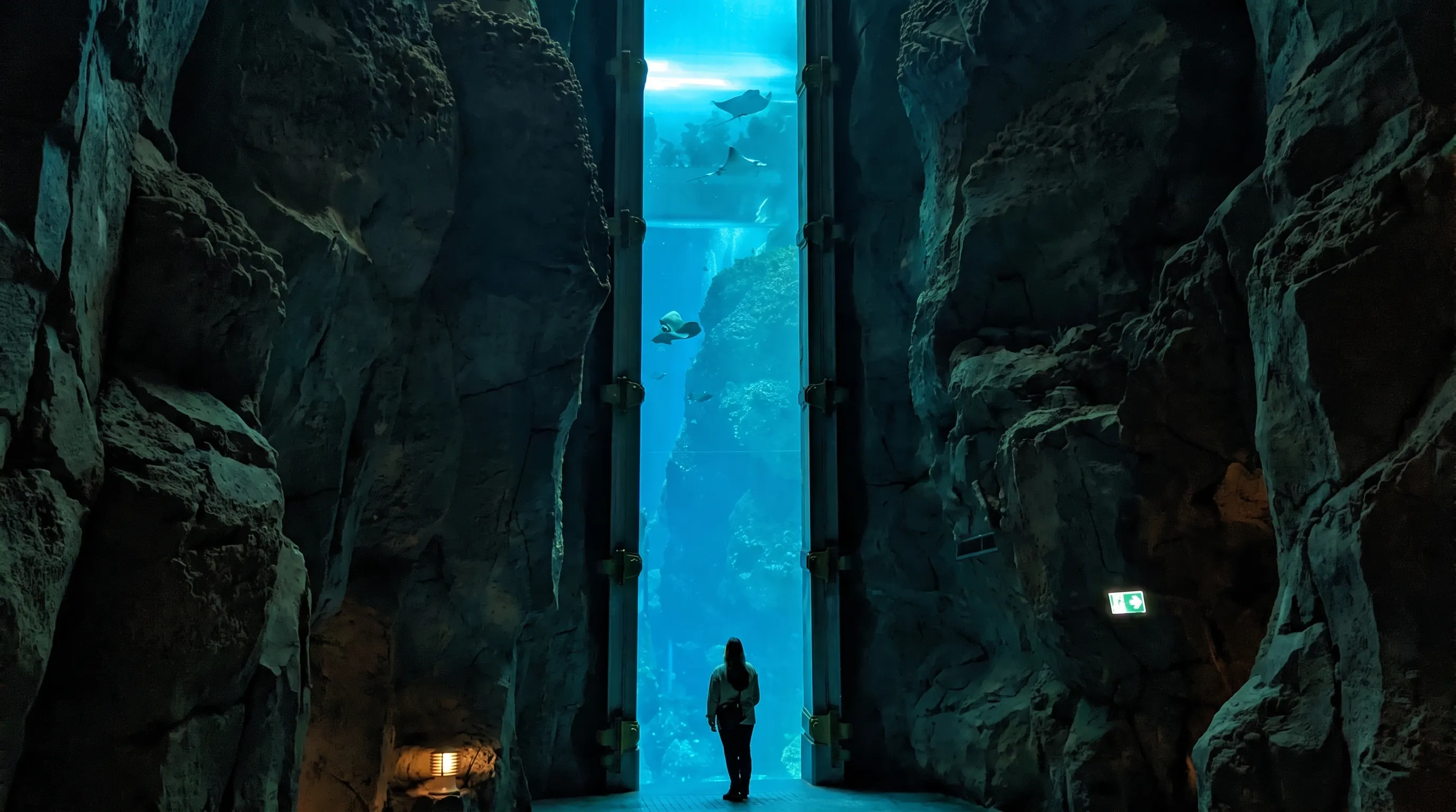 Sharks swimming in a large tank at Istanbul Aquarium, viewed through a rocky passage.