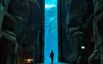 Sharks swimming in a large tank at Istanbul Aquarium, viewed through a rocky passage.