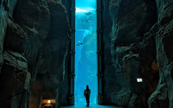 Sharks swimming in a large tank at Istanbul Aquarium, viewed through a rocky passage.