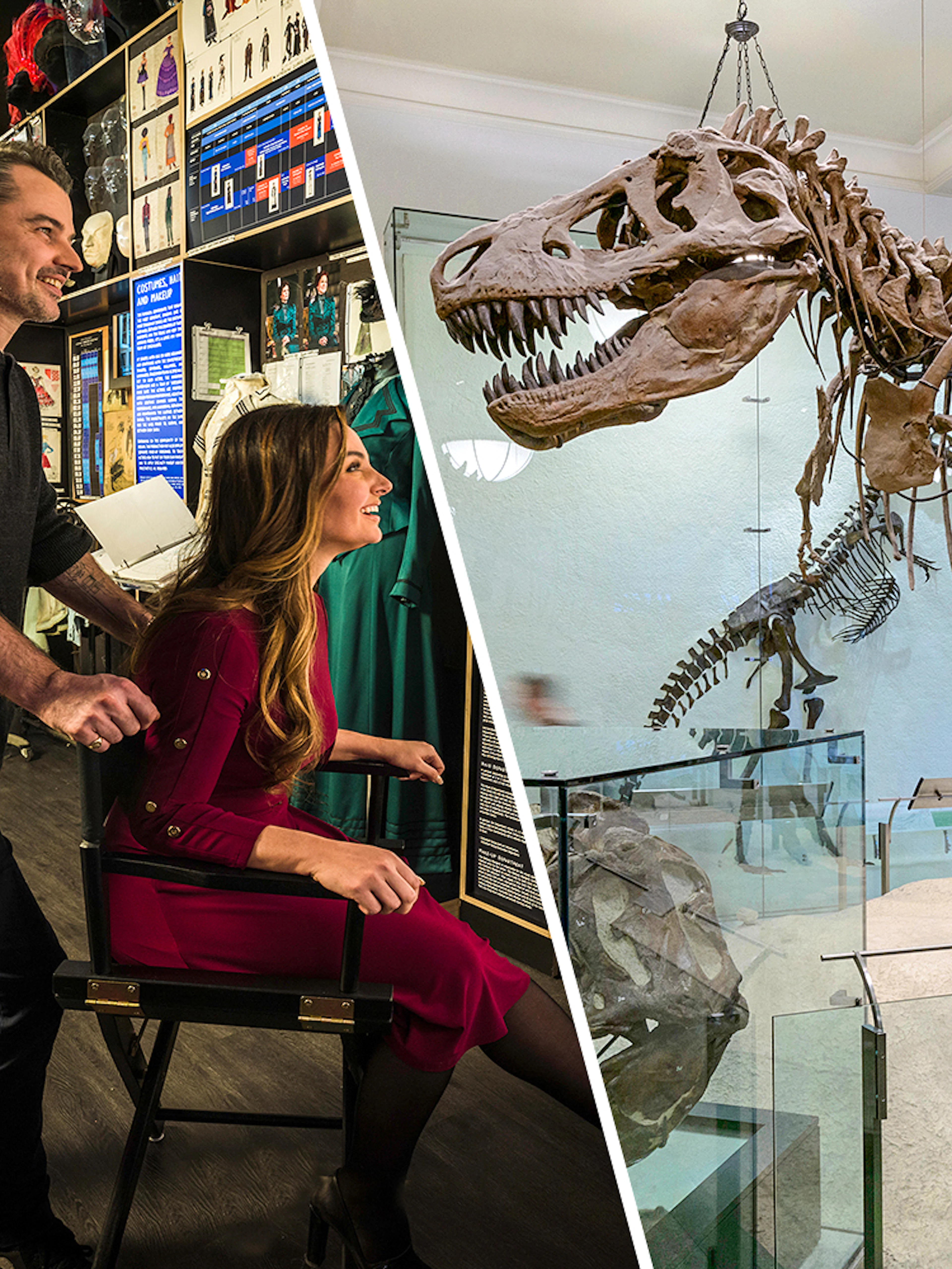 Museum of Broadway exhibit and dinosaur skeleton at American Museum of Natural History.