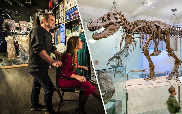 Museum of Broadway exhibit and dinosaur skeleton at American Museum of Natural History.