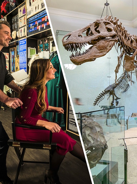 Museum of Broadway exhibit and dinosaur skeleton at American Museum of Natural History.