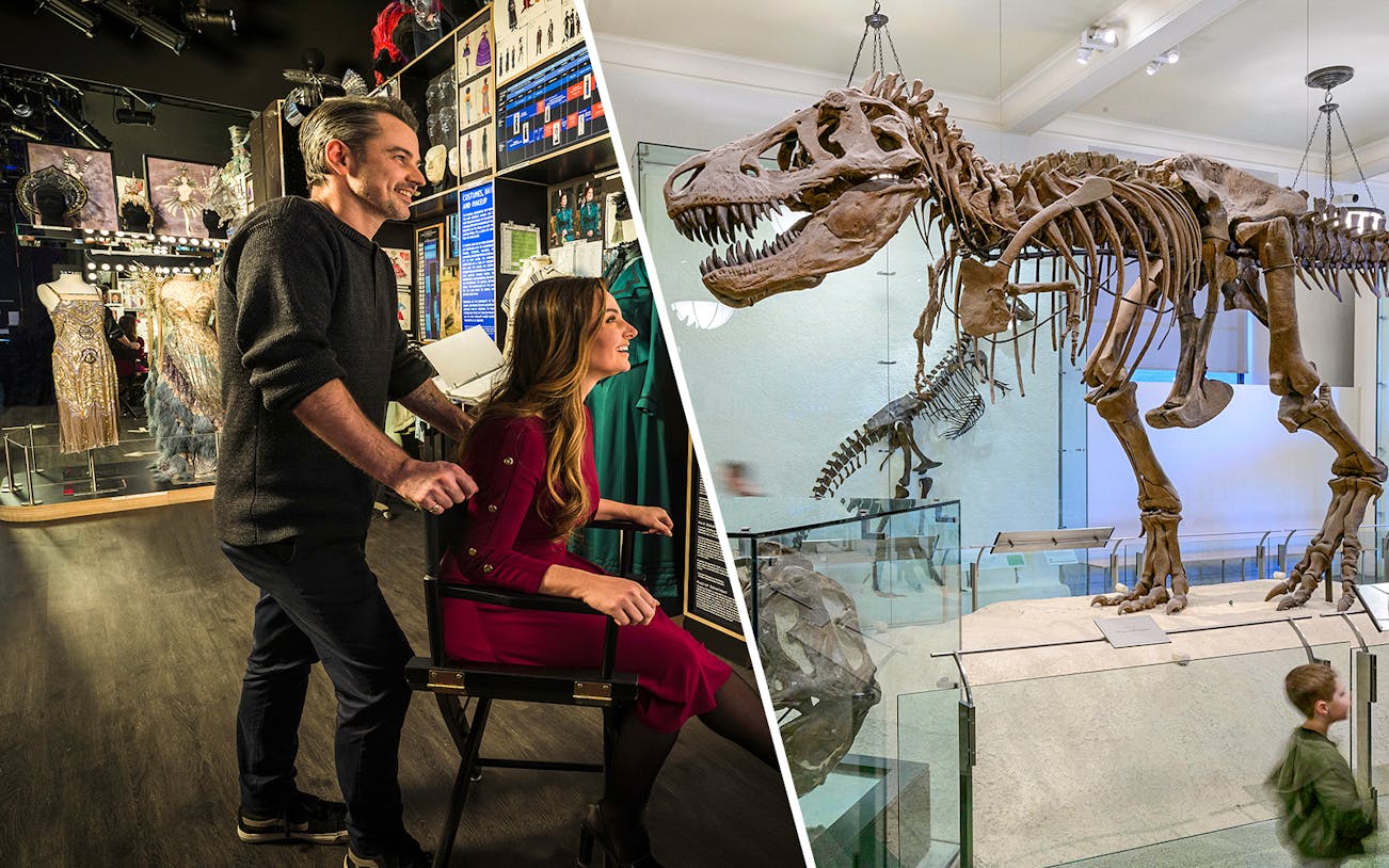 Museum of Broadway exhibit and dinosaur skeleton at American Museum of Natural History.