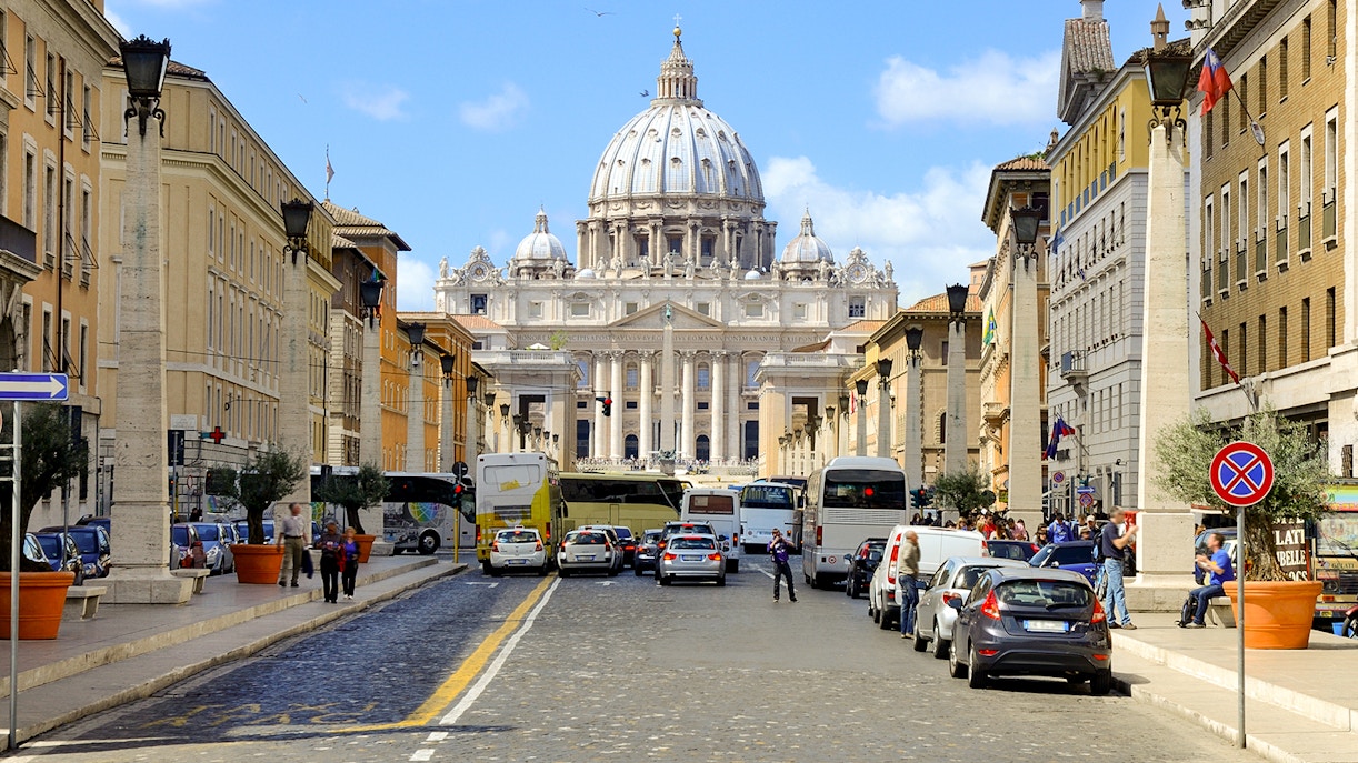 Driving towards St. Peter's Basilica in Rome, Italy.