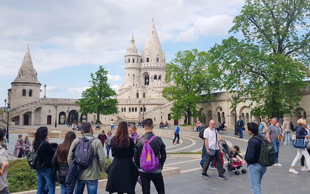 Visitors exploring Fisherman's Bastion in Budapest during the Buda tour.