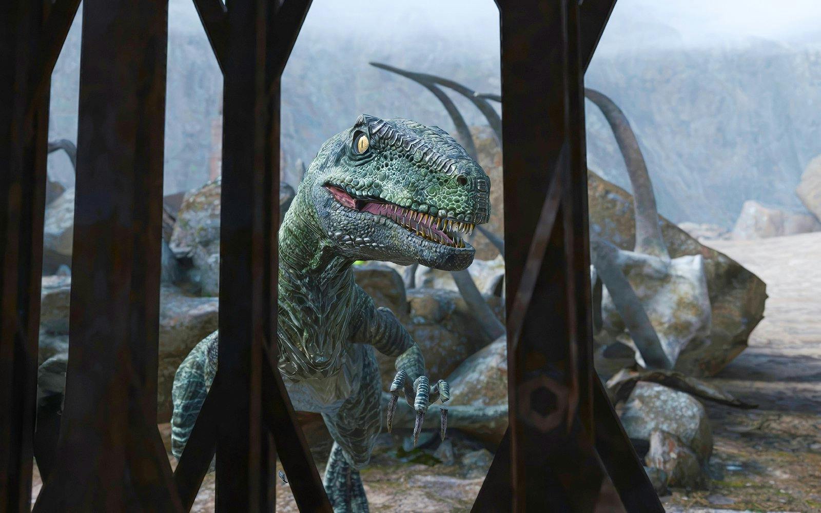 Velociraptor behind bars in Dino Rescue Squad VR experience.