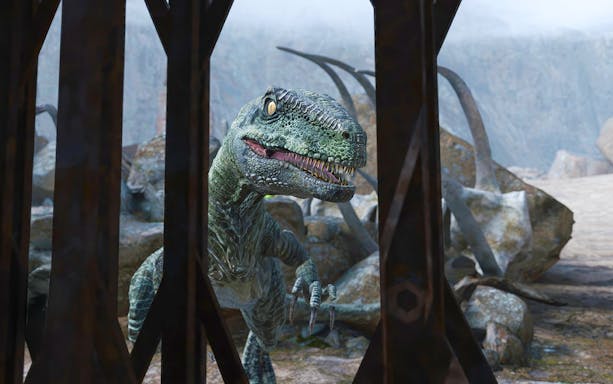 Velociraptor behind bars in Dino Rescue Squad VR experience.