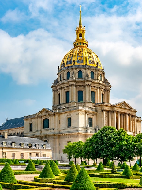 Les Invalides dome and gardens in Paris, France.
