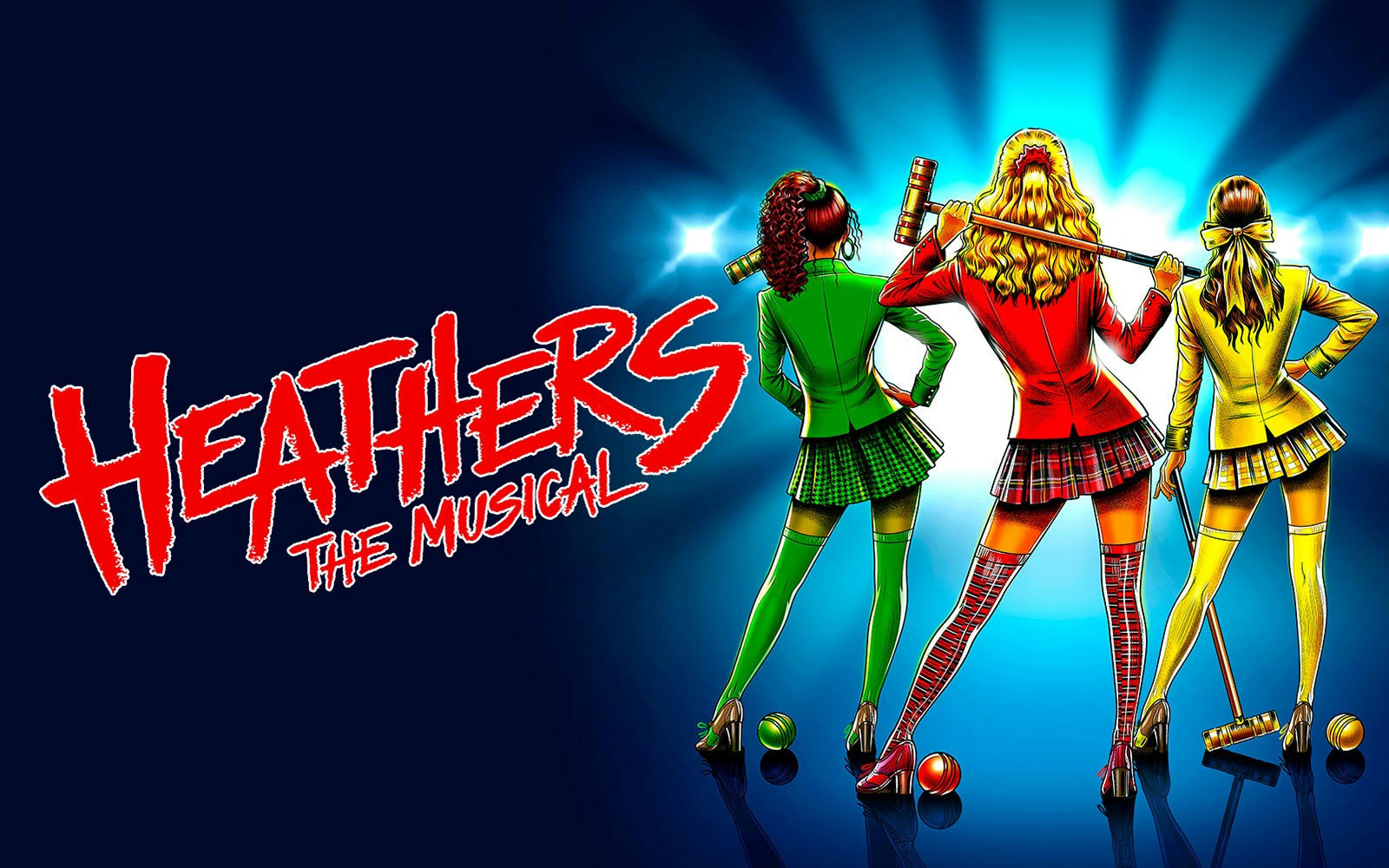 Three characters in colorful outfits holding croquet mallets, promoting Heathers: The Musical.